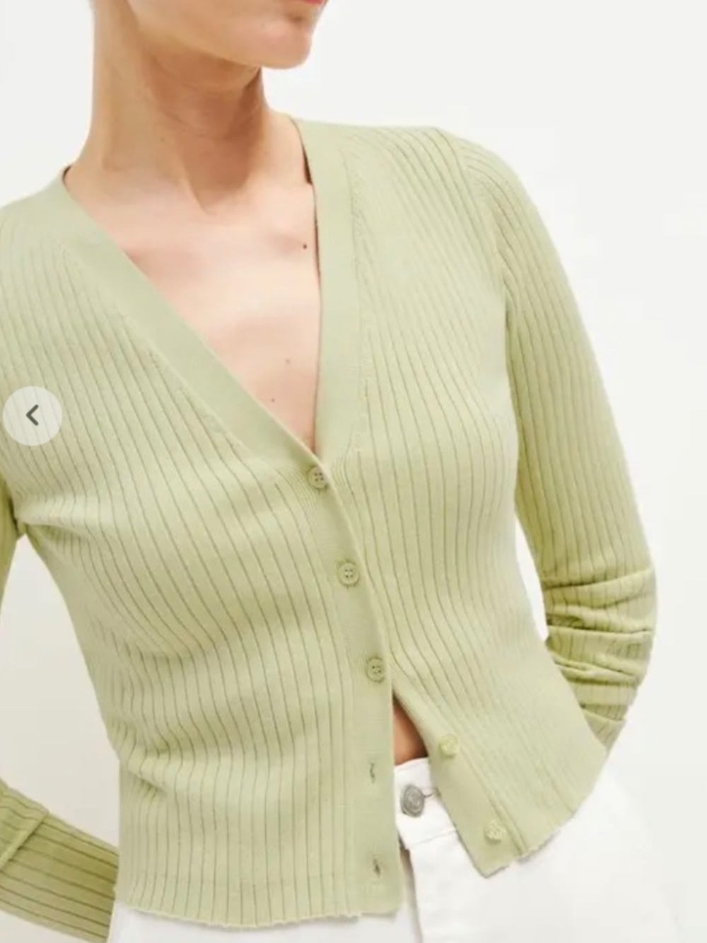 Reformation Light Green Ribbed V-Neck Button Cardigan